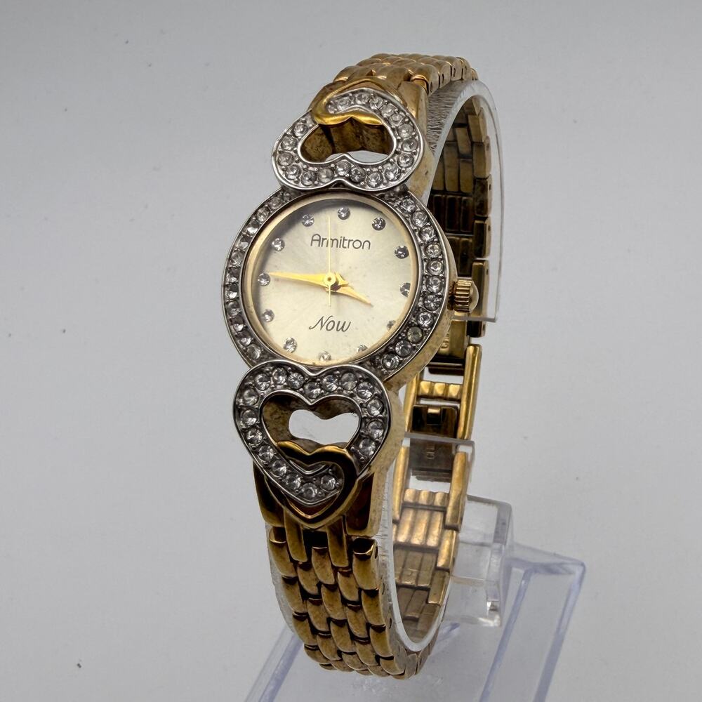 Charming Armitron Now Women's Gold-Tone Rhinestone Heart Watch New Battery